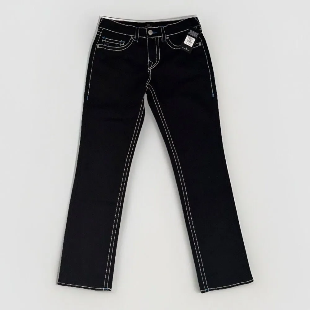 True Religion Jeans Men's Black Ricky Big T Blue Stitch Straight Denim NWT - Picture 3 of 5